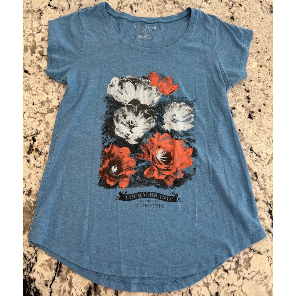 Lucky Brand Los Angeles California Blue Floral‎ Graphic Tee Small
